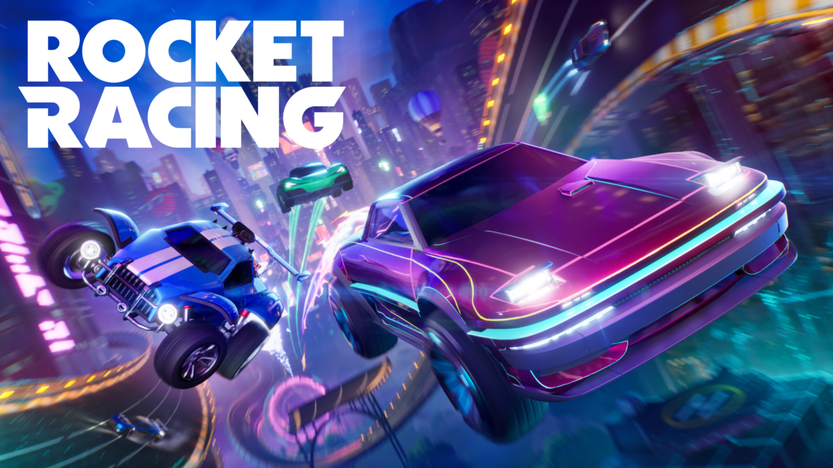 Rocket Racing cars speeding through a Fortnite track